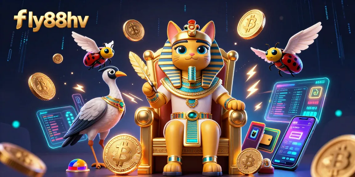 Engage in thrilling gaming experiences at fly88hv, featuring a lively scene with Egyptian themes and crypto elements.