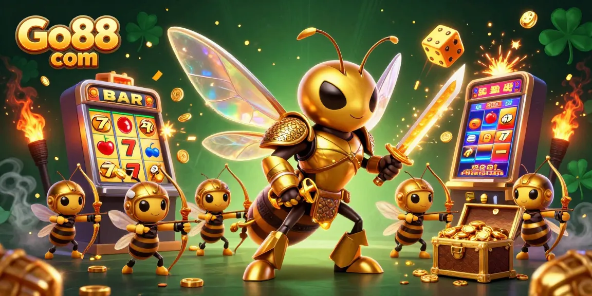 Experience thrilling casino action with Go88 com, featuring golden hornet warriors in a lively jackpot scene.