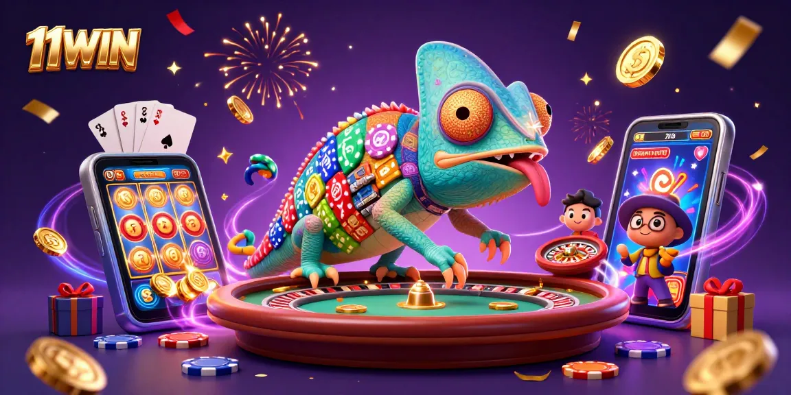 Experience thrilling wins at 11WIN's vibrant casino with colorful slot games and golden coins.