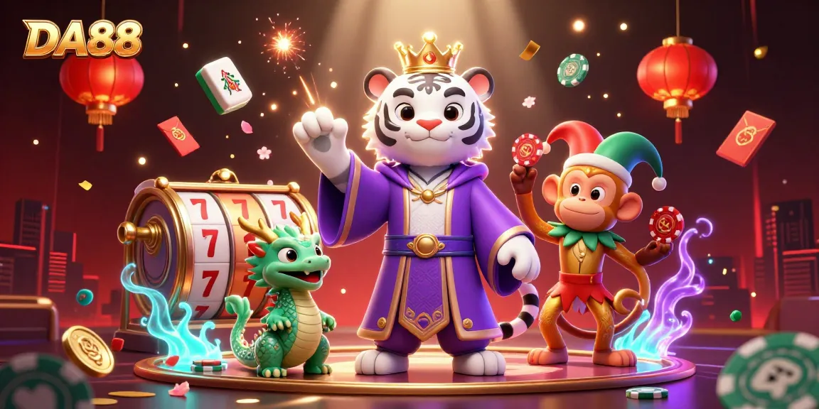 Engage with DA88's fun casino adventure featuring a white tiger, golden monkey, and jade dragon amidst vibrant gaming symbols.