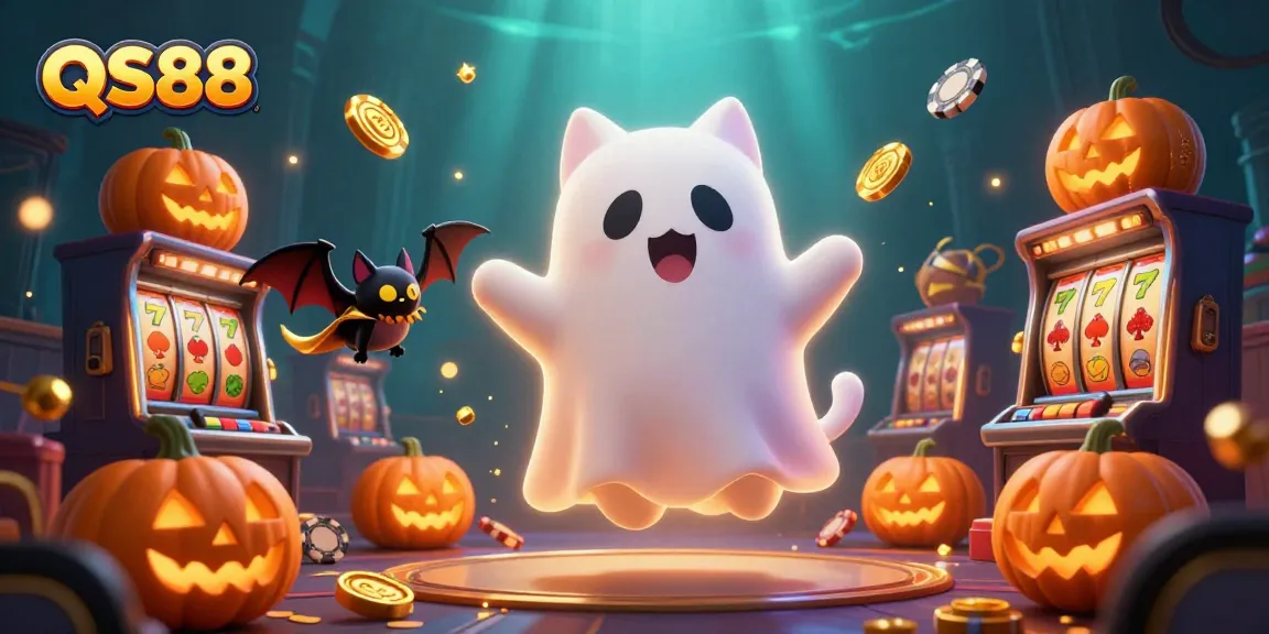 Engage with the thrilling QS88 casino experience featuring a ghost cat and vampire bat amidst slot machines.
