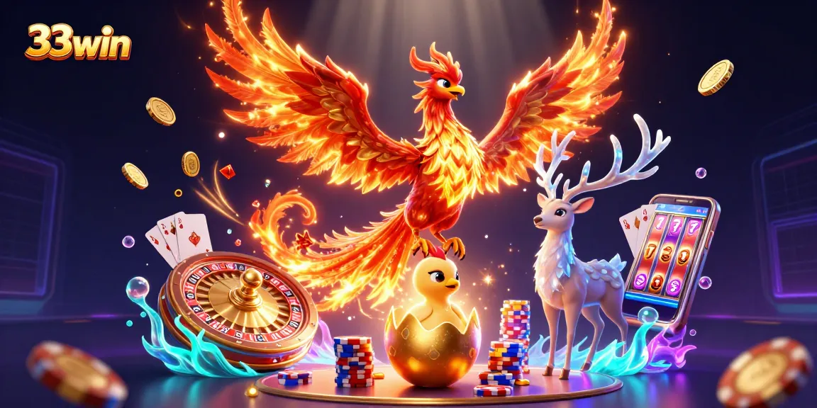 Experience the excitement of 33win with vibrant casino characters and dynamic gaming elements in an ultra-detailed scene.
