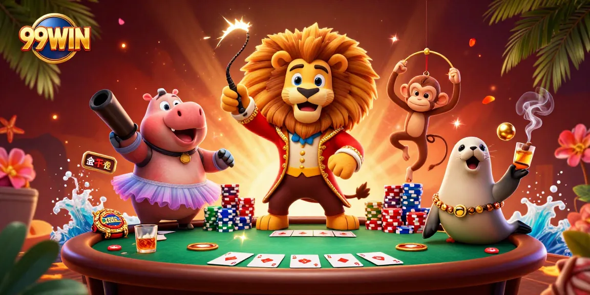 Engage with 99WIN through exciting casino elements featuring a vibrant circus scene.