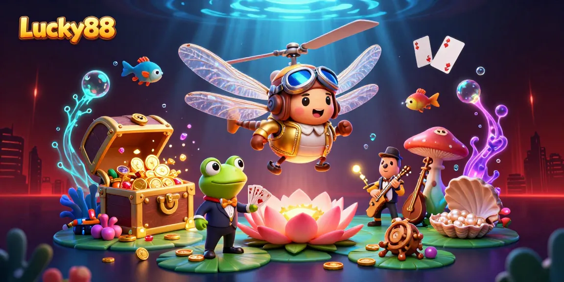 Experience fun and excitement at Lucky88 with a vibrant casino scene featuring engaging characters.