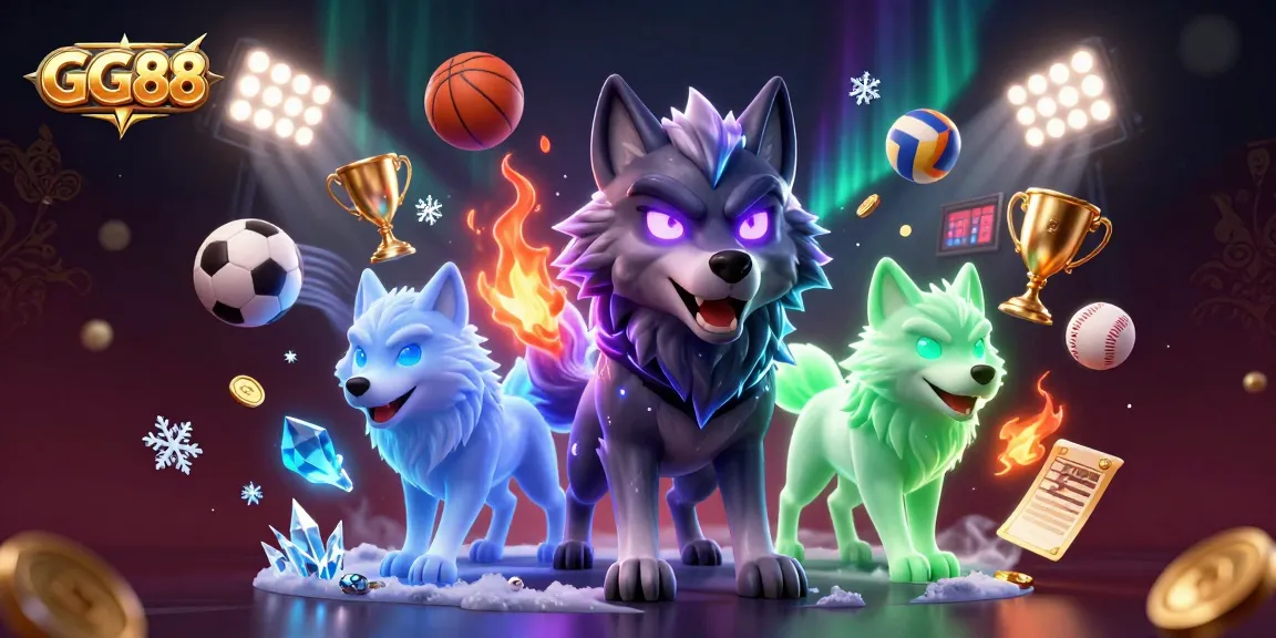 Experience dynamic sports betting action with GG88 featuring animated wolf characters, energetic elements, and rich casino visuals.