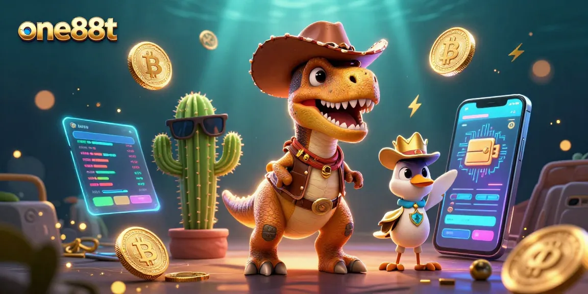 Bet on the vibrant one88t scene with a 3D dinosaur cowboy, crypto elements, and dazzling effects.