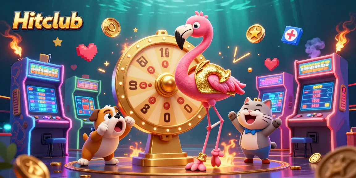 Experience exciting gameplay with Hitclub as a flamingo host spins a prize wheel.