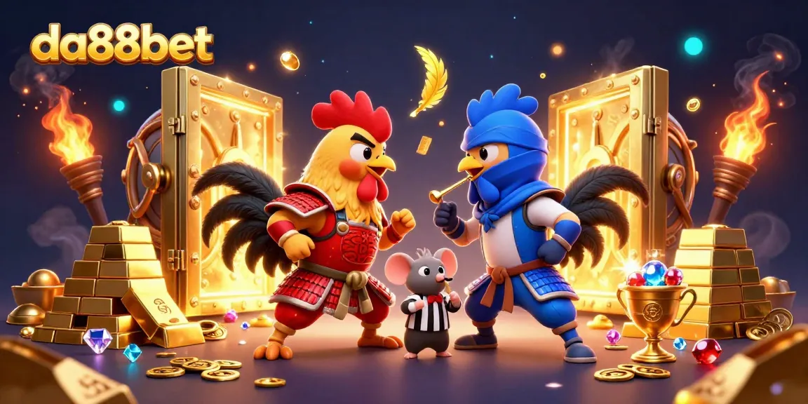 Experience thrilling moments at da88bet with dynamic cartoon fighting roosters amidst a treasure-filled backdrop.