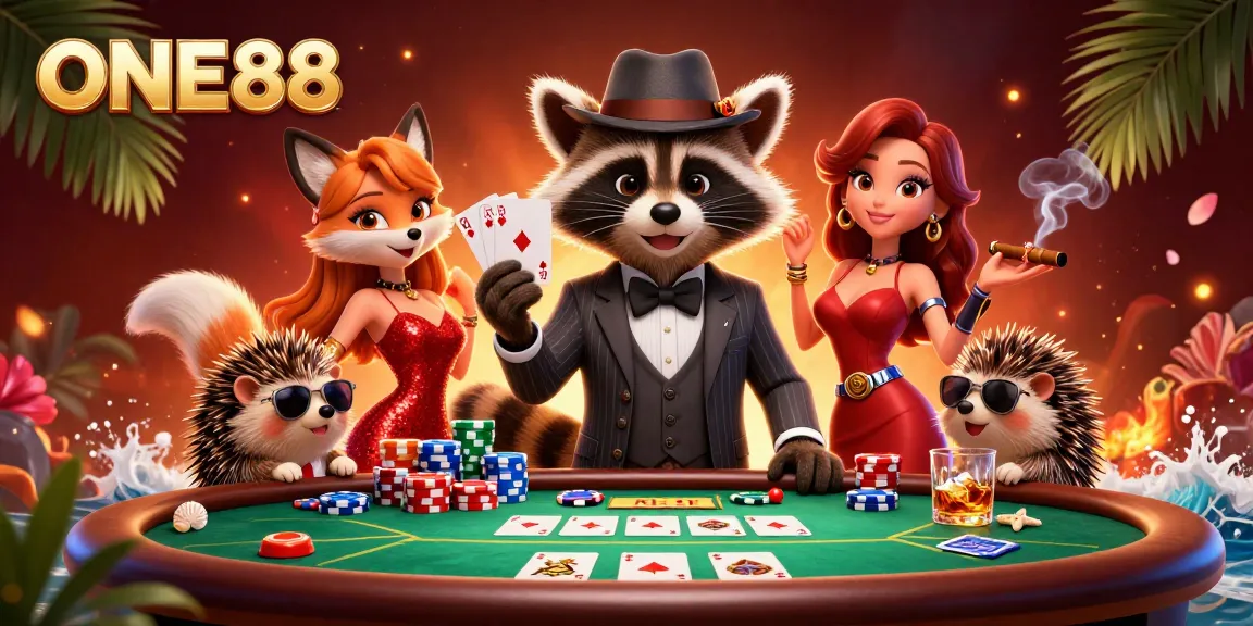 Engage in exciting gameplay at ONE88 with a sophisticated raccoon character holding a royal flush.