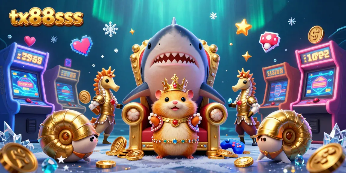 Experience the lively gaming world with tx88sss as golden hamster king and seahorse guards across vibrant casino elements.