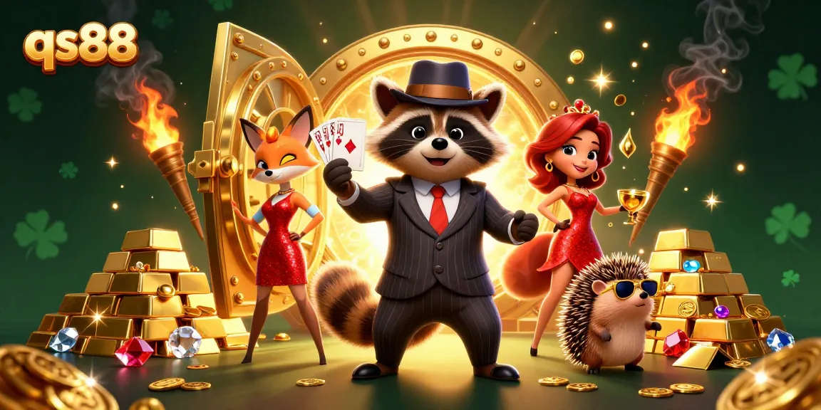 Experience the excitement of qs88 with a raccoon and fox in a vibrant casino scene.