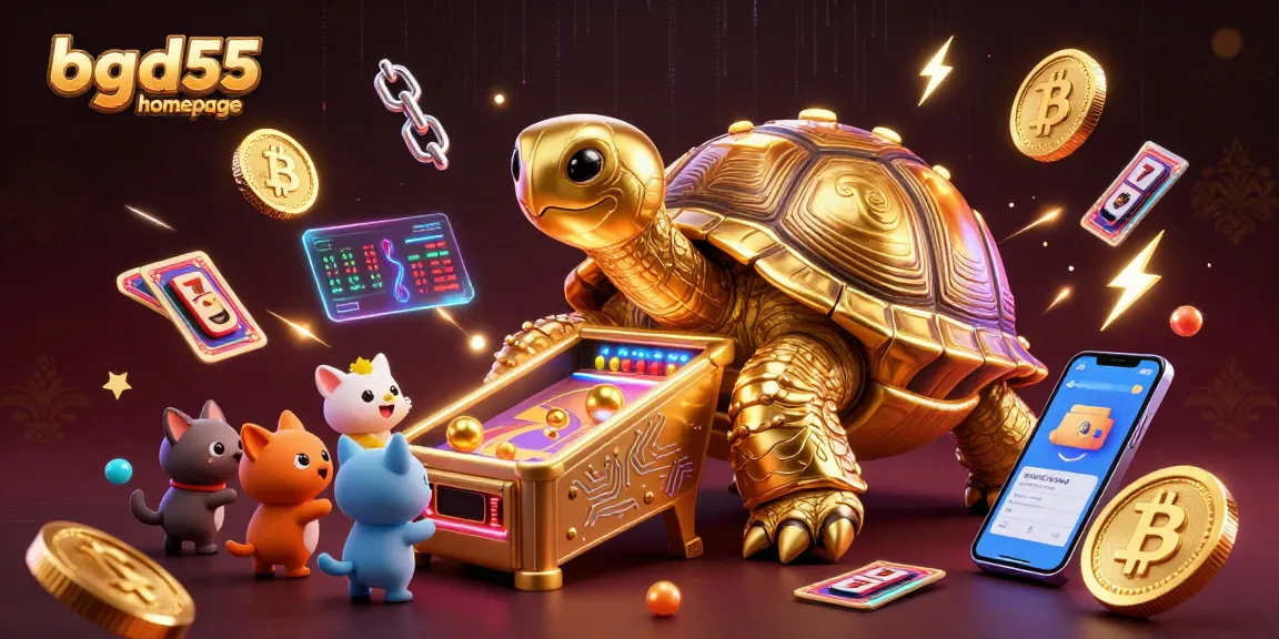 Experience gaming excitement at bgd55 homepage with a 3D tortoise pinball machine, crypto coins, and vibrant elements.