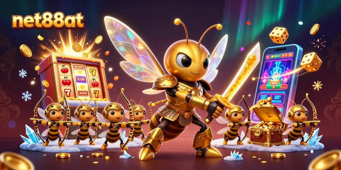 Engage with net88at's thrilling gaming environment featuring a vibrant 3D hornet samurai with casino elements.