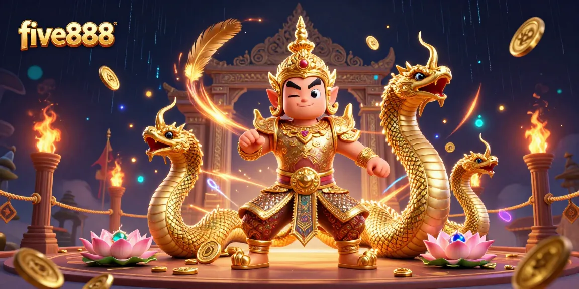 Engage with five888 in an energetic casino scene showcasing vibrant Thai elements and dynamic gambling features.