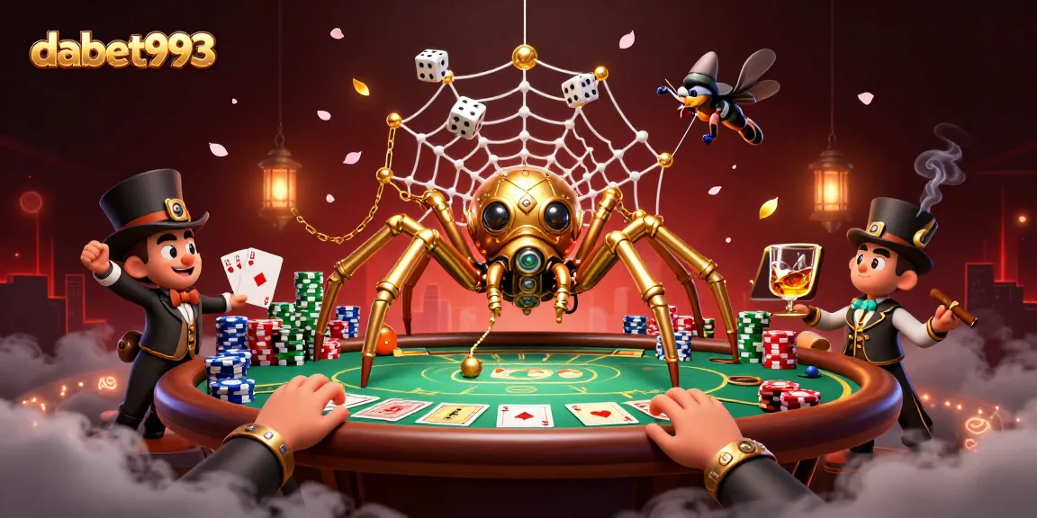 Dabet993 showcases a dynamic 3D scene with a steampunk spider and amusing fly gentleman in a vibrant casino setting.