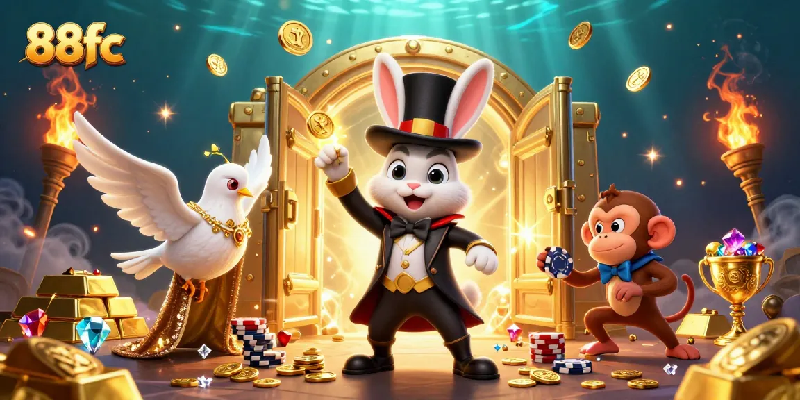 Experience thrilling gaming at 88fc with a charming magician rabbit amidst riches.