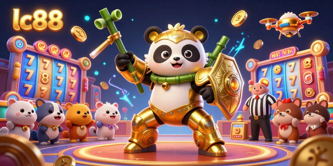 Experience lc88 gaming excitement with a dynamic scene of a golden panda robot in a vibrant casino setting.