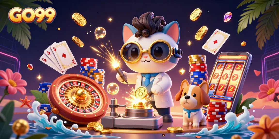 Experience GO99's vibrant casino world filled with golden coins, colorful chips, and thrilling games.