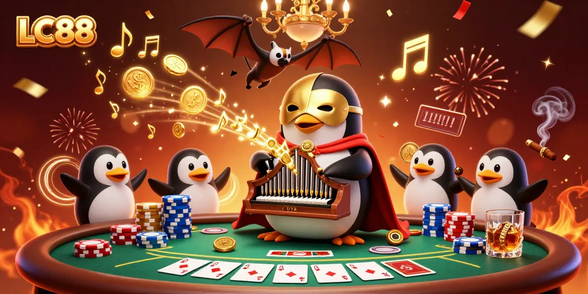 Experience the excitement of LC88 with a rich casino scene featuring a phantom penguin and vibrant poker elements.