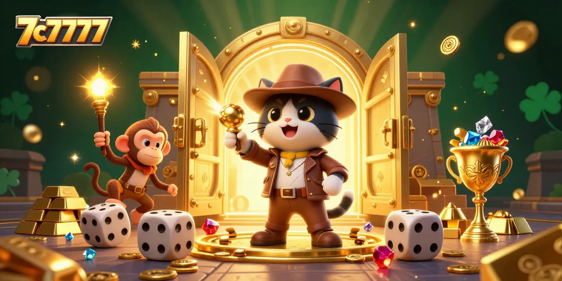 Win big with 7c7777 in this 3D illustration of a cat archaeologist and treasures.