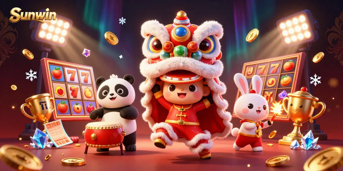 Engage in thrilling Sunwin casino fun with lively characters celebrating amid dynamic slot games and vibrant decorations.