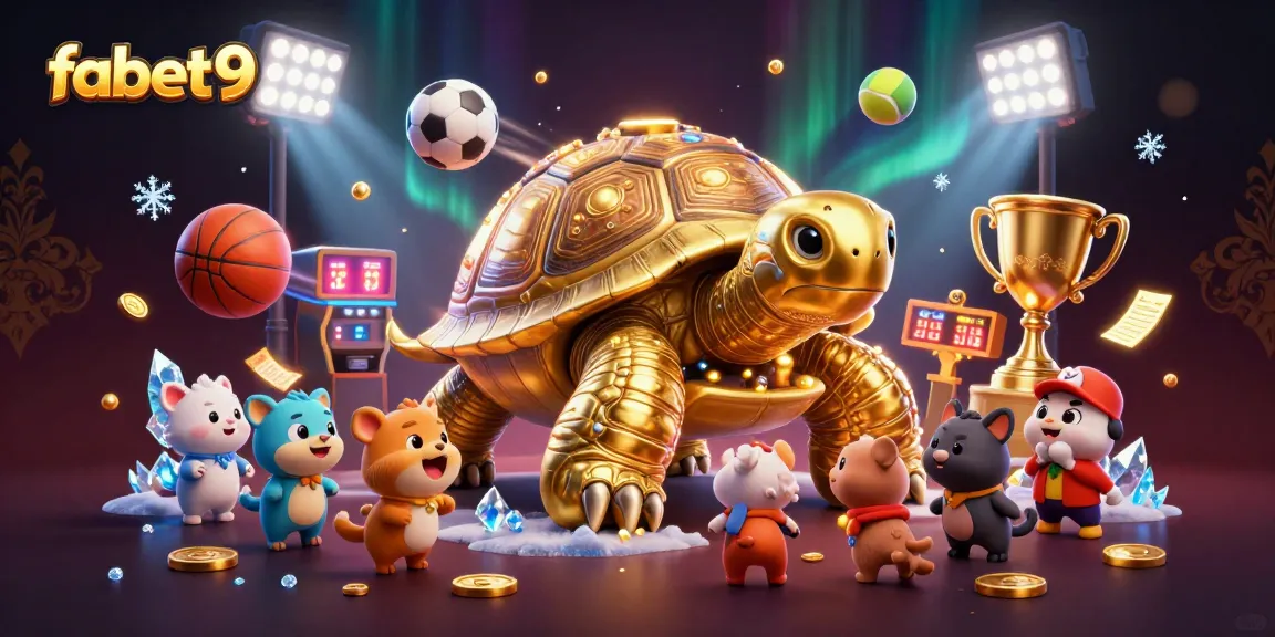 Experience excitement with fabet9 in a vibrant casino scene featuring a colossal tortoise pinball machine and exuberant players.