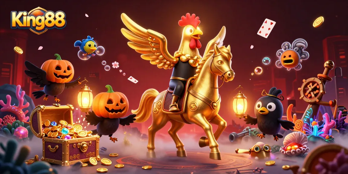 Capture the excitement at King88 with a golden rooster gaming in a vibrant casino scene.