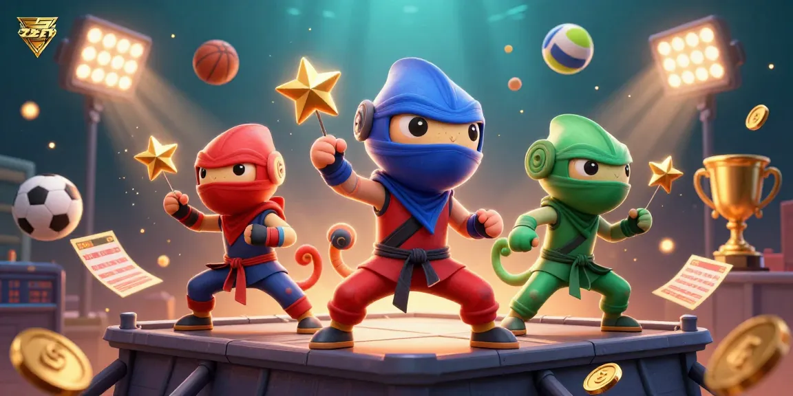 ZBET sports betting scene with ninja chameleons in action, surrounded by dynamic game elements.