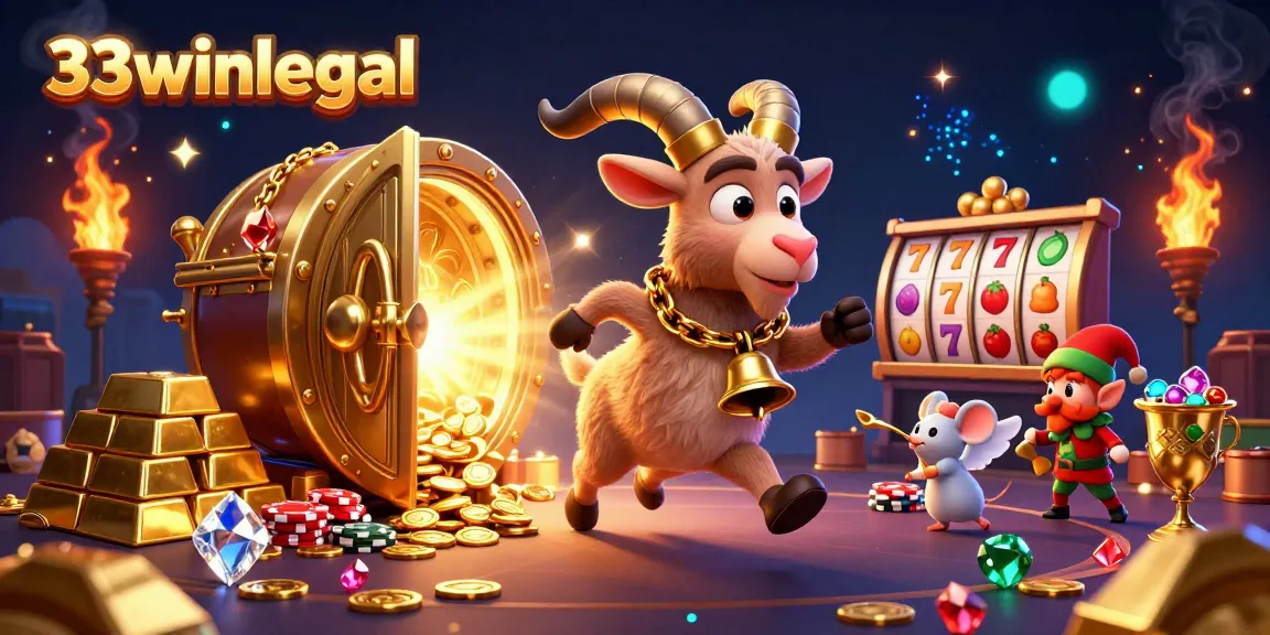 Play with 33winlegal's festive casino featuring Krampus, an angel mouse, and elf gremlins in a lively game scene.