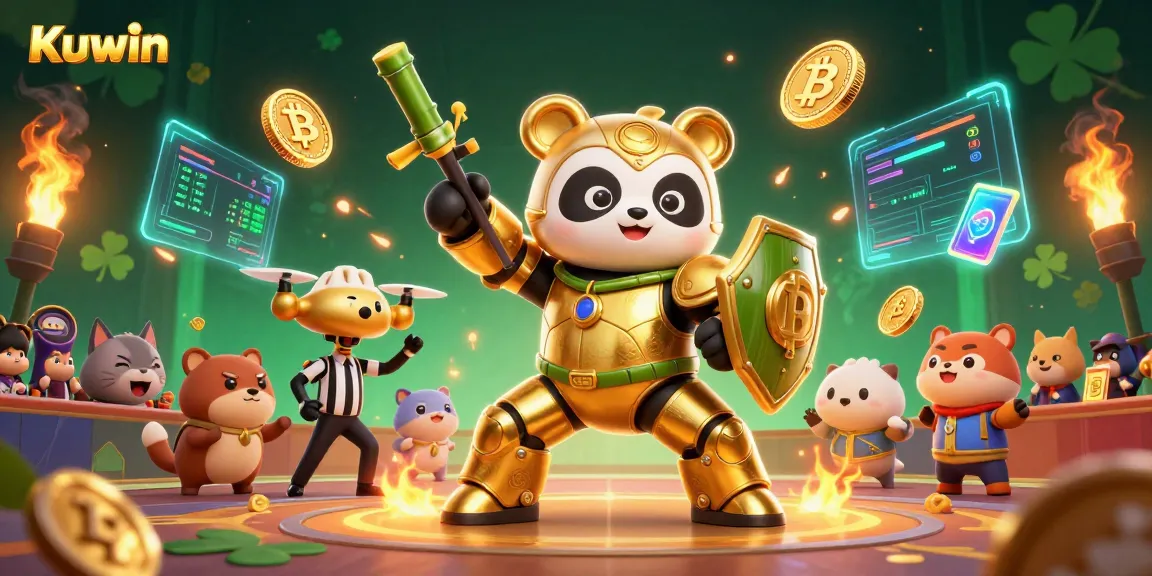 Kuwin showcases a thrilling mech-suit battle with dazzling crypto elements in an electrifying casino arena.
