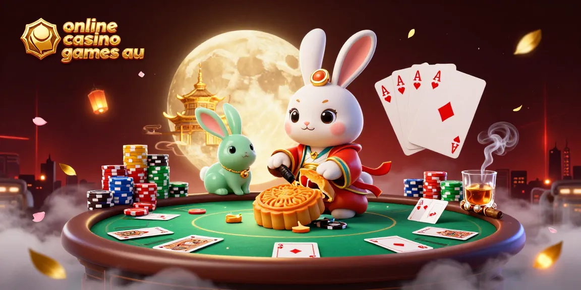 Engage in thrilling online casino games au with a whimsical moon rabbit scene featuring vibrant poker elements.