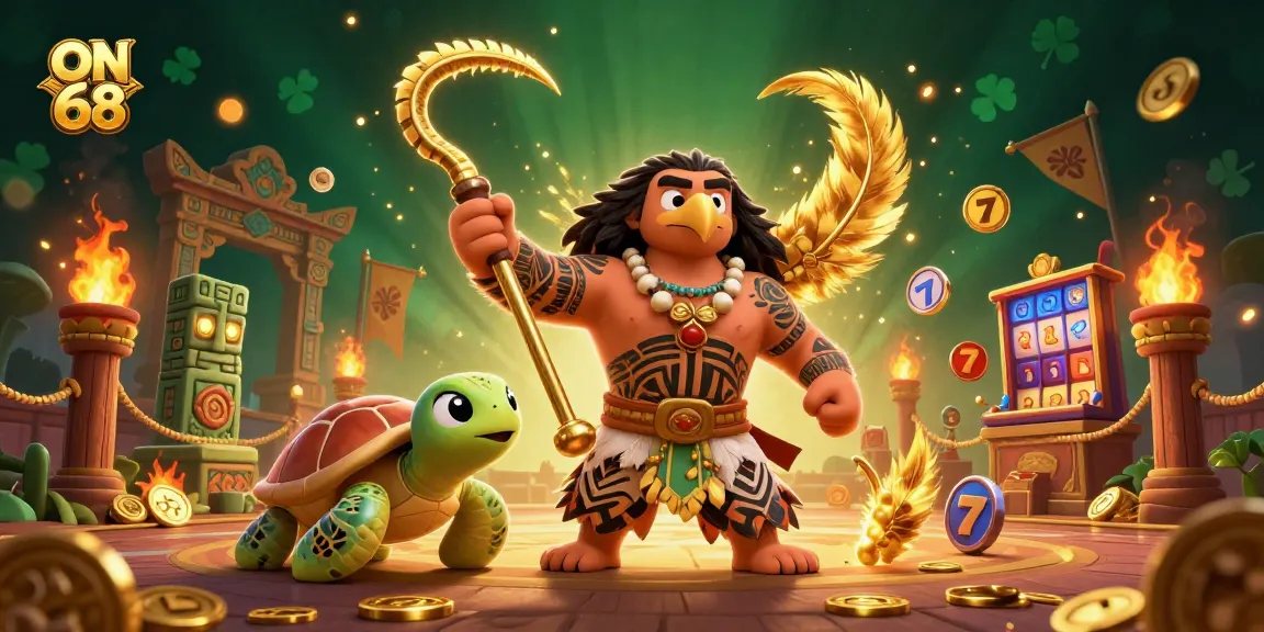 Spin to win big at ON 68 with a vibrant casino-themed illustration featuring a demigod and treasures.