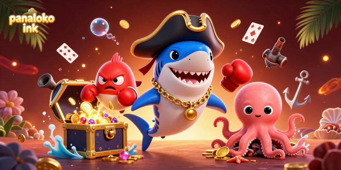 Panaloko ink features an energetic pirate shark, pufferfish, and octopus in a vibrant underwater casino scene.