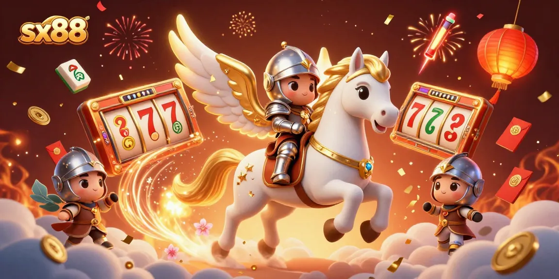 Experience the excitement of sx88 with a 3D celestial horse and jackpot symbols amidst stunning visuals.