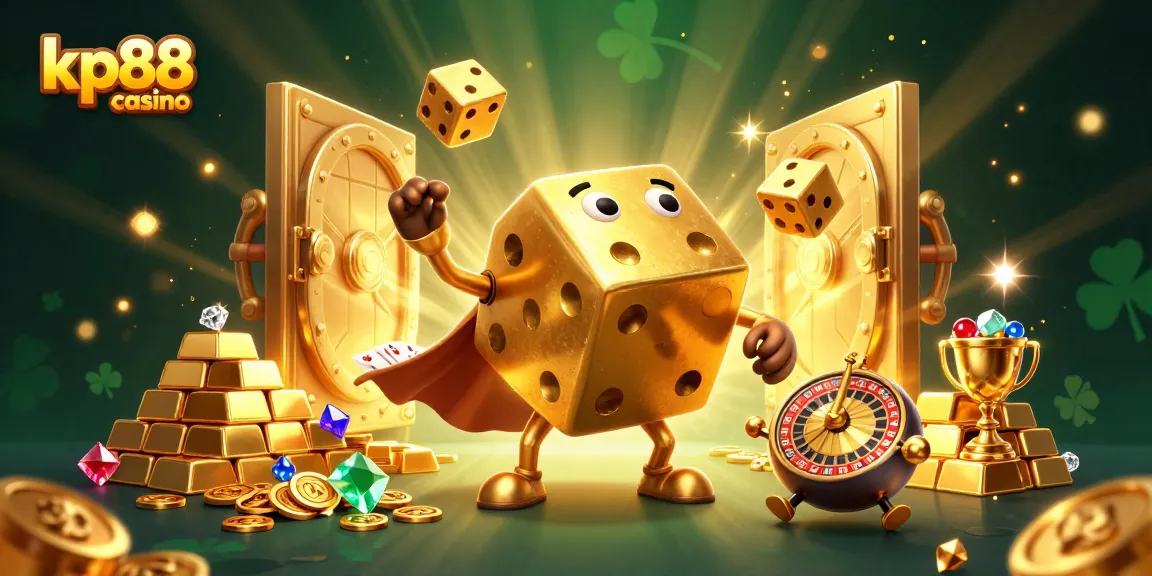 Engage with kp88 casino, featuring a dynamic 3D golden dice golem juggling dice amidst a radiant treasure scene.