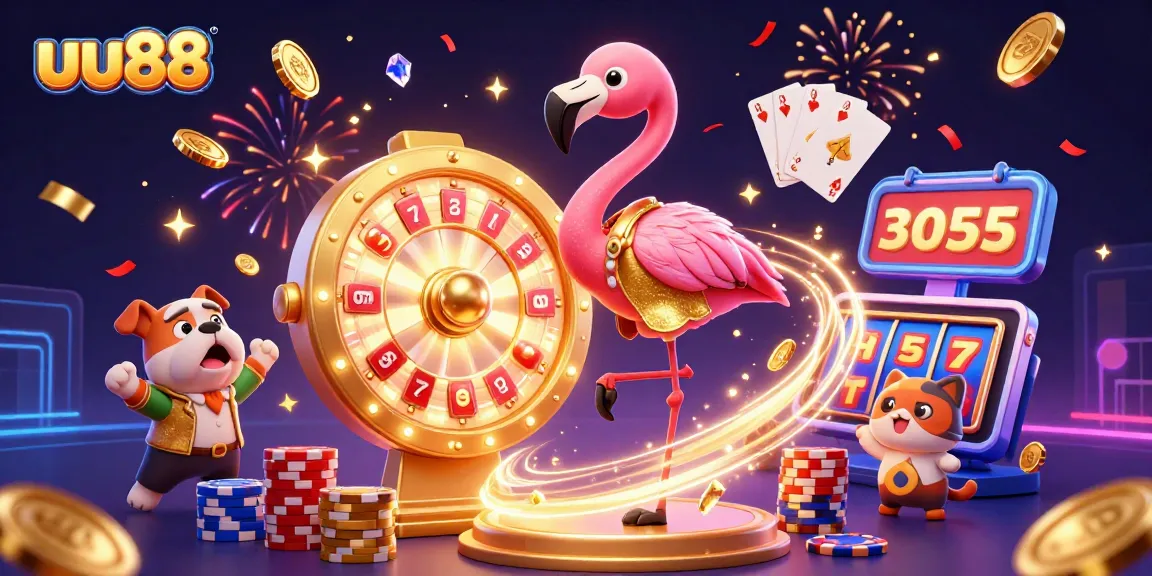 Spin to win at uu88 with a vibrant scene of a flamingo host, bulldog contestant, and dazzling casino elements!