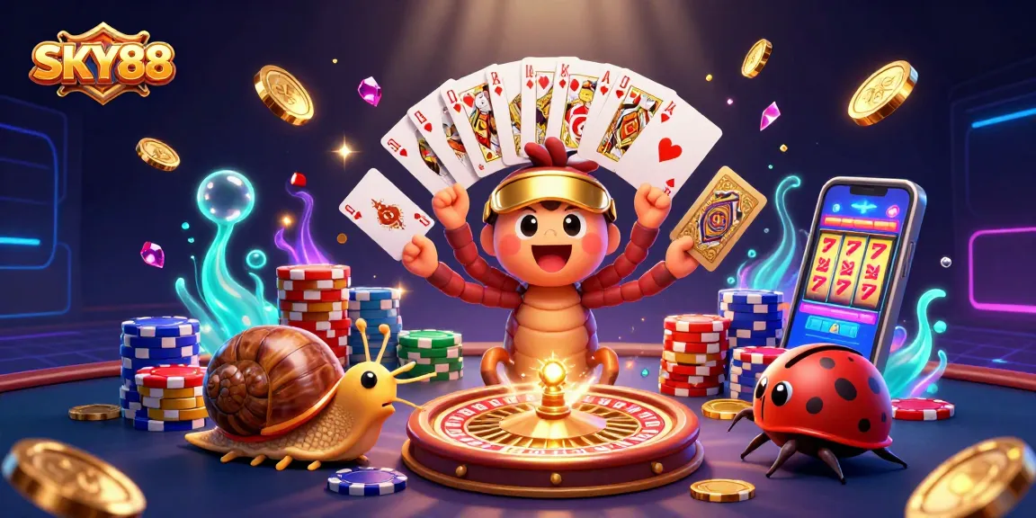 Experience SKY88 with an exciting 3D scene featuring lively casino characters amidst shimmering coins and vibrant gaming elements.