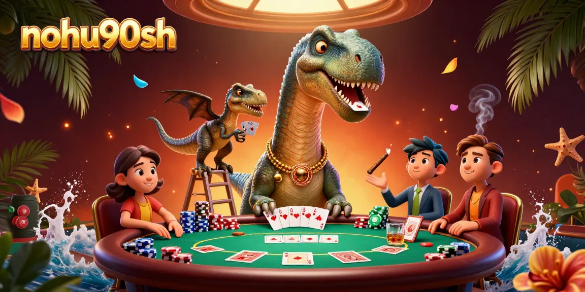 Nohu90sh casino illustration with a giant brontosaurus and clever raptor dealing cards at a lively poker table.