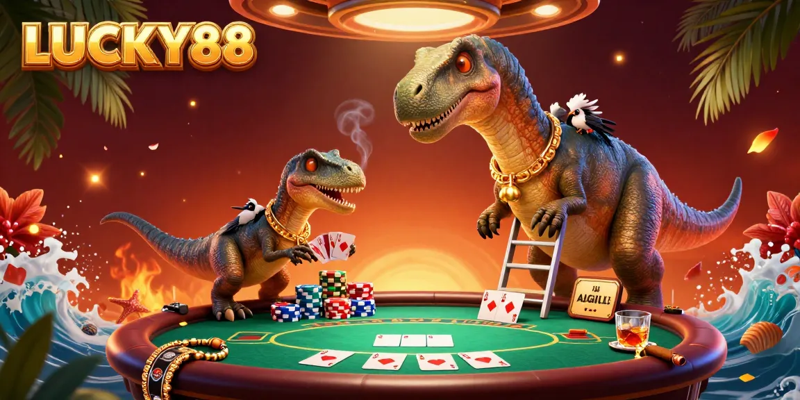 Experience the excitement of LUCKY88 as a clever raptor deals cards under a giant brontosaurus.
