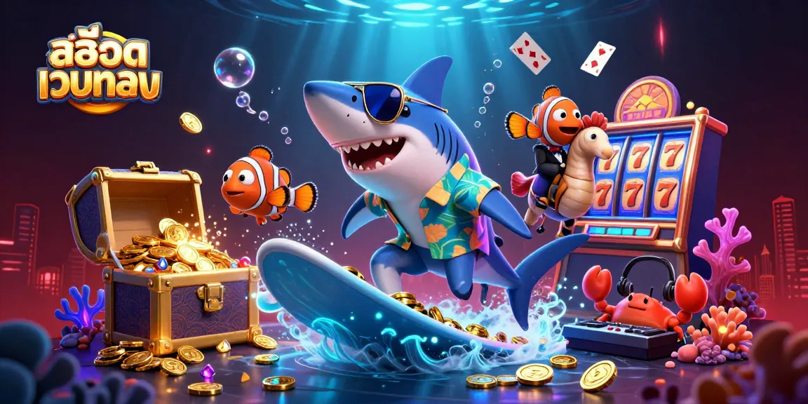 Engage with สล็อตเว็บตรง featuring a shark on gold coins, a tuxedo fish, and a crab DJ in a vibrant underwater scene.